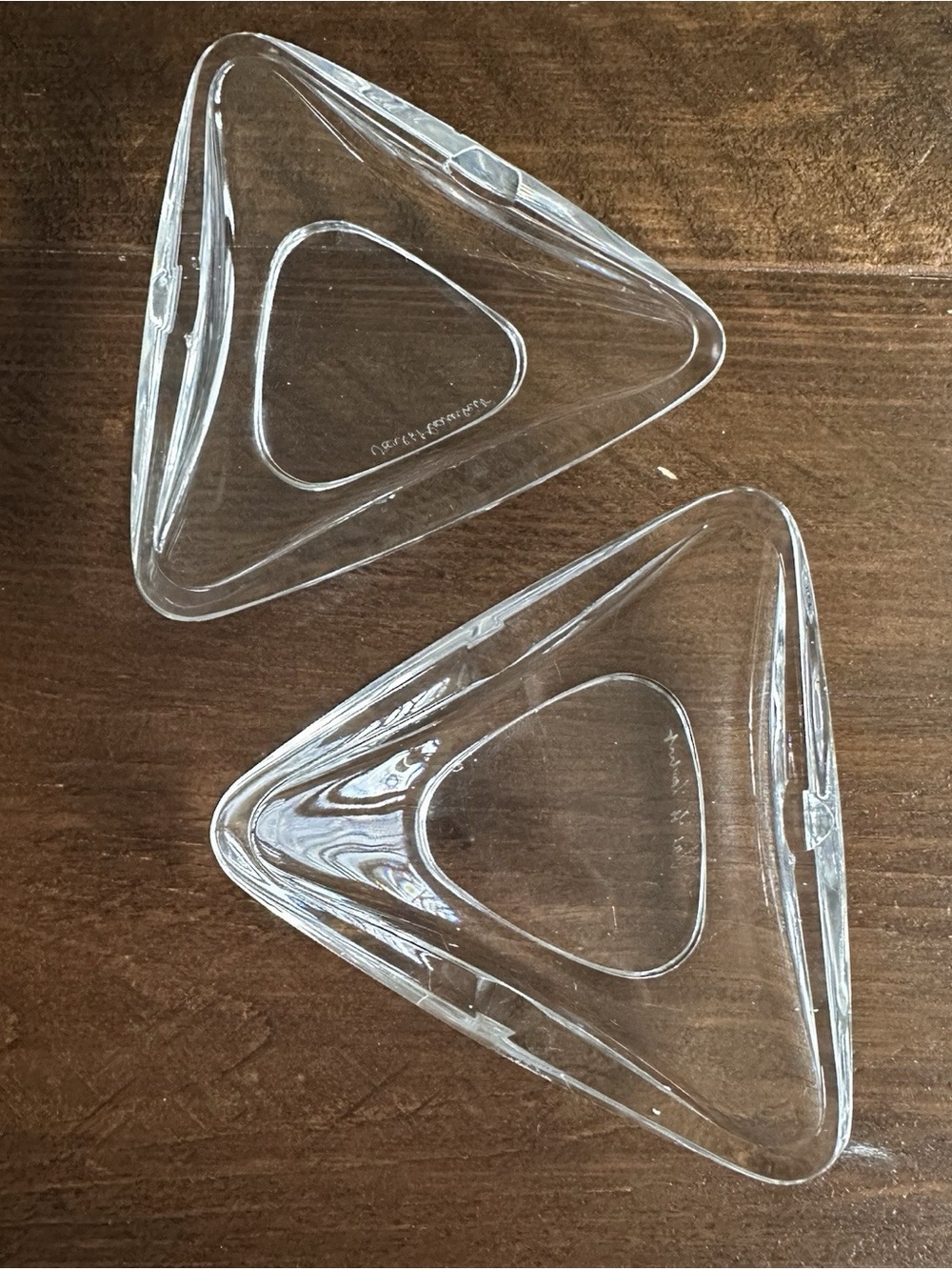 Pair of Signed Val Saint Lambert Crystal Triangular Dishes for trinkets, rings